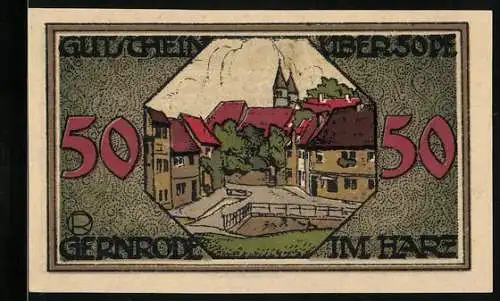 Notgeld Gernrode /Harz 1921, 50 Pfennig, Strassenpartie mit Kirche