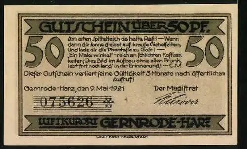 Notgeld Gernrode /Harz 1921, 50 Pfennig, Strassenpartie mit Kirche