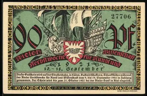 Notgeld Kiel 1921, 90 Pfennig, Schiffbau und Segelschiff