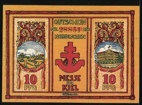 Notgeld Kiel 1921, 10 Pfennig, Nordische Messe, Hafen und Anker