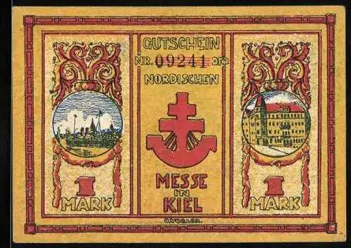 Notgeld Kiel 1921, 1 Mark, Nordische Messe, Fahnenstange wird aufgestellt