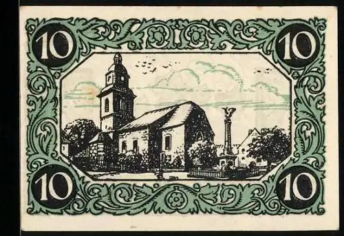 Notgeld Kindelbrück 1920, 10 Pfennig, Kirchenpartie und Kinder auf Holzbrücke