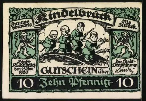 Notgeld Kindelbrück 1920, 10 Pfennig, Kirchenpartie und Kinder auf Holzbrücke