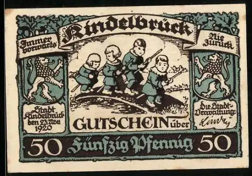 Notgeld Kindelbrück 1920, 50 Pfennig, Teich und Kinder auf Holzbrücke