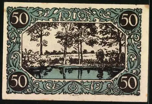 Notgeld Kindelbrück 1920, 50 Pfennig, Teich und Kinder auf Holzbrücke