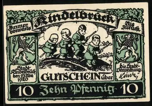 Notgeld Kindelbrück 1920, 10 Pfennig, Kirchenpartie und Kinder auf Holzbrücke