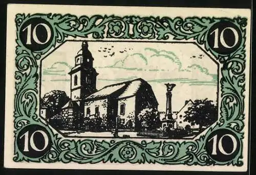 Notgeld Kindelbrück 1920, 10 Pfennig, Kirchenpartie und Kinder auf Holzbrücke