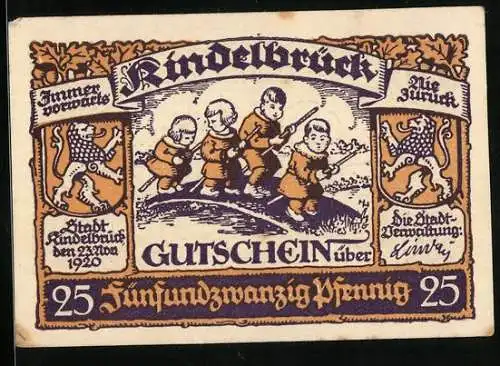 Notgeld Kindelbrück 1920, 25 Pfennig, Marktplatz und Kinder auf Holzbrücke