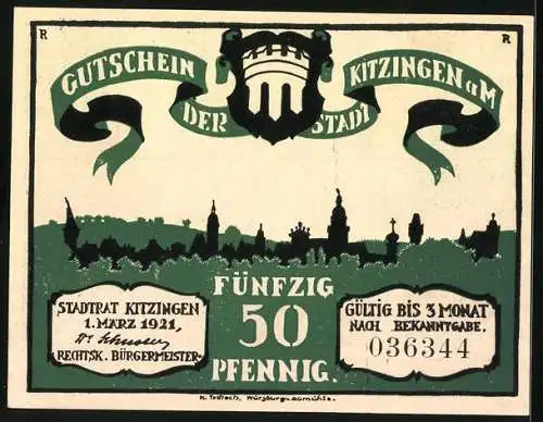 Notgeld Kitzingen a. M. 1921, 50 Pfennig, In des Stadtsaeckels tiefsten Gründen da kunnt man nit ein Stücklein finden