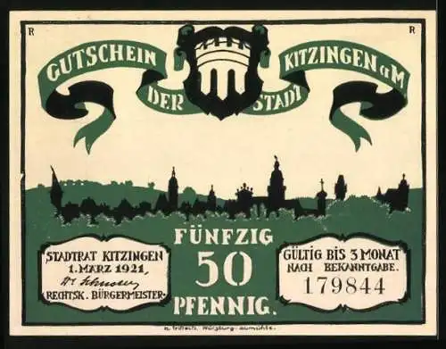 Notgeld Kitzingen a. M. 1921, 50 Pfennig, Einmütig fasst man den Beschluss dass hier etwas geschehen muss