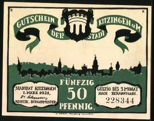 Notgeld Kitzingen a. M. 1921, 50 Pfennig, Zur Sitzung eilt der Ratsherren Schaar