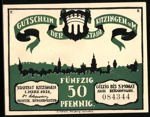 Notgeld Kitzingen a. M. 1921, 50 Pfennig, Man schaffte an den den Notgeldschein