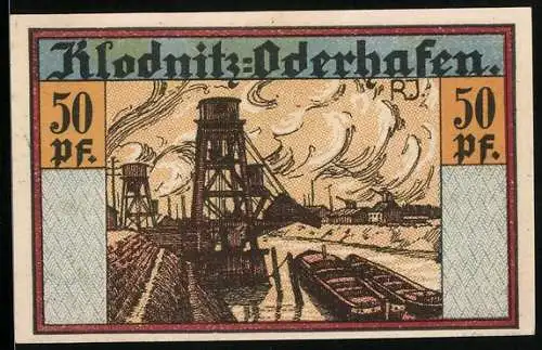 Notgeld Klodnitz-Oderhafen 1921, 50 Pfennig, Boote auf dem Fluss