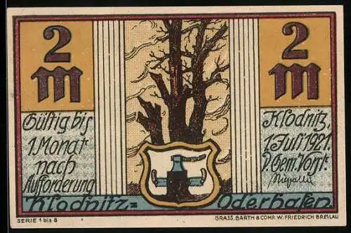 Notgeld Klodnitz-Oderhafen 1921, 2 Mark, Zur Erinnerung an die Abstimmung 1921