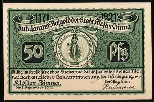 Notgeld Kloster Zinna 1920, 50 Pfennig, Fürstenhaus und Denkmal Friedrich des Grossen