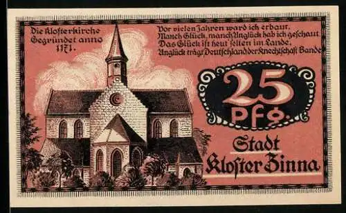 Notgeld Kloster Zinna 1920, 25 Pfennig, Die Klosterkirche gegründet anno 1171