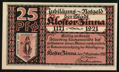 Notgeld Kloster Zinna 1920, 25 Pfennig, Die Klosterkirche gegründet anno 1171