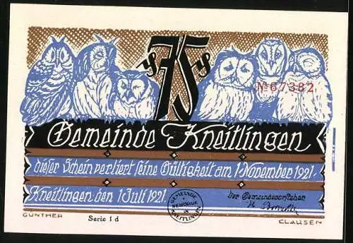 Notgeld Kneitlingen 1921, 75 Pfennig, Wie Eulenspiegel dem herzog weismachte, Uneheliche sähen das Bild nicht