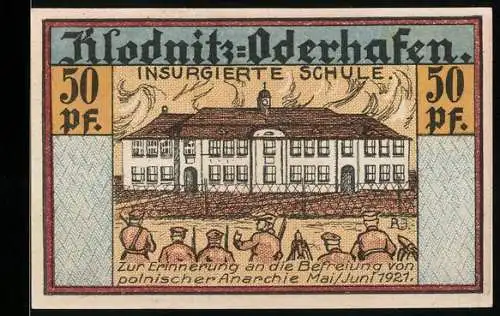 Notgeld Klodnitz-Oderhafen 1921, 50 Pfennig, Insurgierte Schule