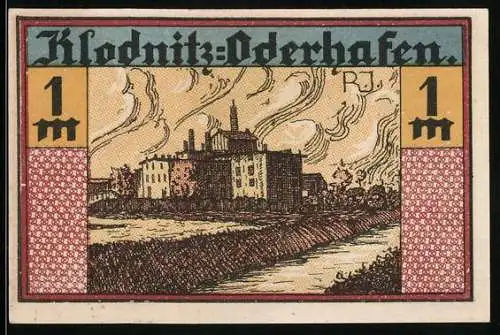 Notgeld Klodnitz-Oderhafen 1921, 1 Mark, Teilansicht und Wappen