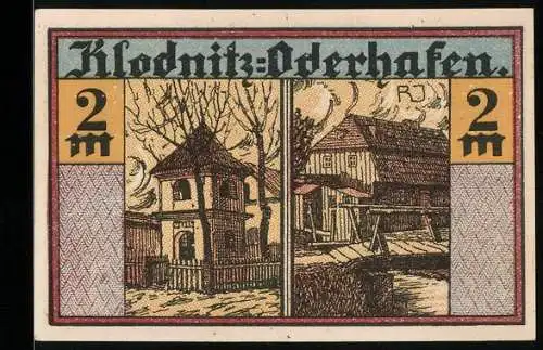 Notgeld Klodnitz-Oderhafen 1921, 2 Mark, Holzhaus und Wappen