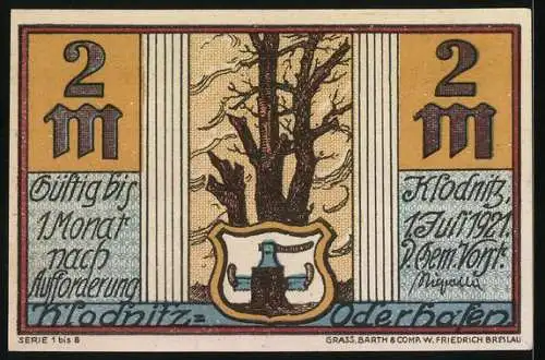 Notgeld Klodnitz-Oderhafen 1921, 2 Mark, Holzhaus und Wappen