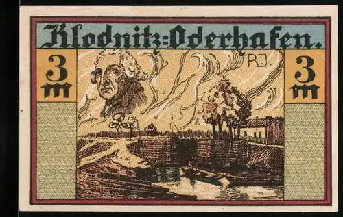 Notgeld Klodnitz-Oderhafen 1921, 3 Mark, Friedrich der Grosse und Flusspartie