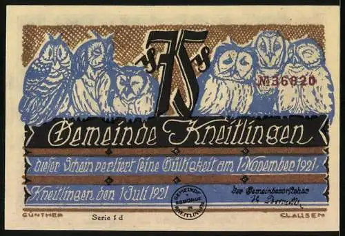 Notgeld Kneitlingen 1921, 75 Pfennig, Wie Eulenspiegel dem Herzog weismachte, uneheliche sähen das Bild nicht