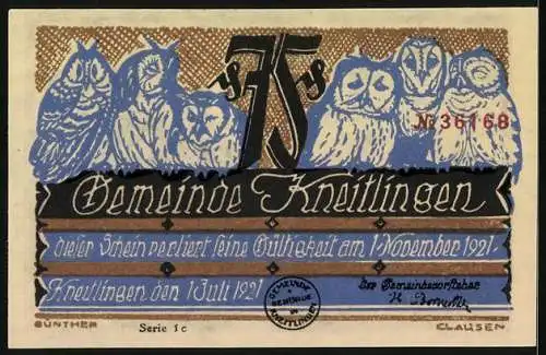 Notgeld Kneitlingen 1921, 75 Pfennig, Wie Eulenspiegel Leuten die Schuh von den Füssen redete