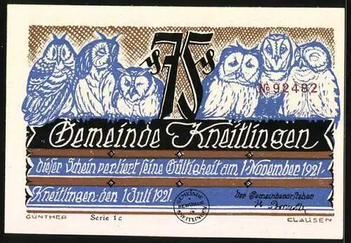 Notgeld Kneitlingen 1921, 75 Pfennig, Wie Eulenspiegel Leuten die Schuh von den Füssen redete