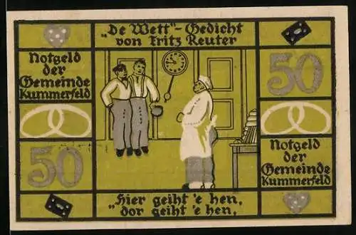 Notgeld Kummerfeld, 50 Pfennig, De Wett, Gedicht von Fritz Reuter