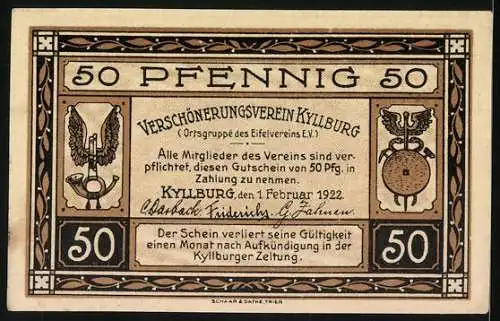 Notgeld Kyllburg /Eifel 1922, 50 Pfennig, Ortsansicht aus der Vogelschau