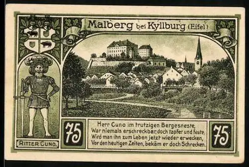Notgeld Malberg bei Kyllburg 1922, 75 Pfennig, Ritter Kuno und Burg