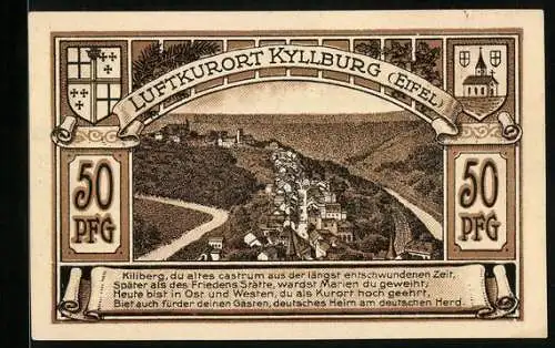 Notgeld Kyllburg /Eifel 1922, 50 Pfennig, Ortsansicht aus der Vogelschau, Wappen
