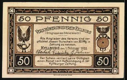 Notgeld Kyllburg /Eifel 1922, 50 Pfennig, Ortsansicht aus der Vogelschau, Wappen