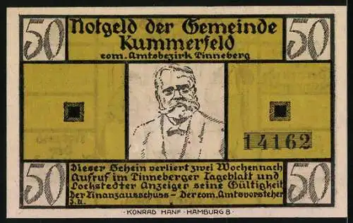 Notgeld Kummerfeld, 50 Pfennig, Gedicht von Fritz Reuter, De Wett