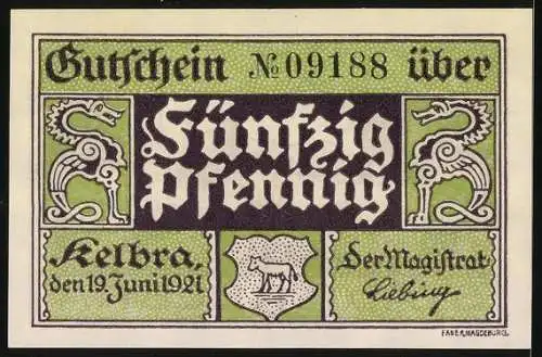 Notgeld Kelbra 1921, 50 Pfennig, Stadtpartie an der Brücke