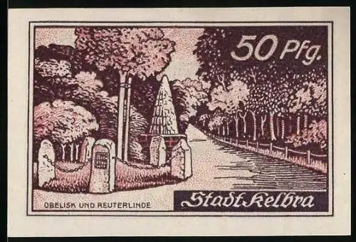 Notgeld Kelbra 1921, 50 Pfennig, Obelisk und Reuterlinde