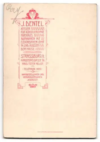 Fotografie J. Dentel, Strassburg i. E., Kinderspielgasse 56, Bürgerliche Dame im Kleid mit verzierter Kragenpartie