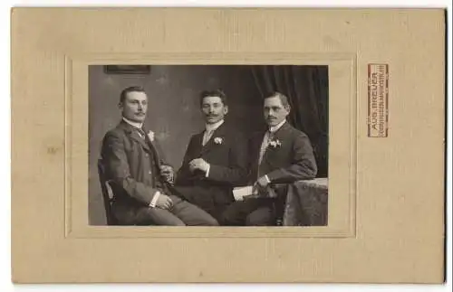 Fotografie Aug. Breuer, Oberhausen, Marktstr. 68, Drei Herren im Anzug mit Krawatte