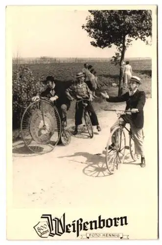 7 Fotografien Hennig, Ansicht Weissenborn, 800 Jahrfeier, Hochrad, Fahrrad, Trachtengruppe