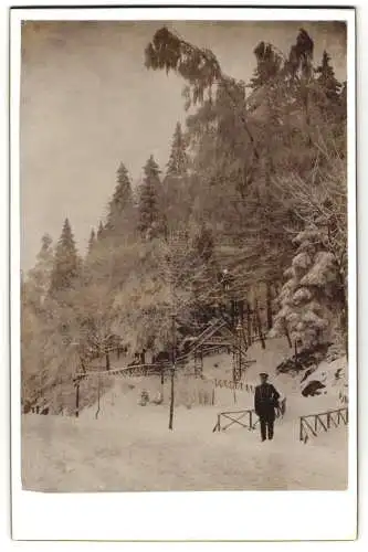 Fotografie unbekannter Fotograf und Ort, Postbote / Briefträger im Winter an den Wald Anlagen 1899