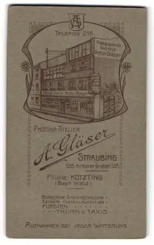 Fotografie A. Gläser, Straubing, mittlerer Graben 535, Ansicht Straubing, Blick auf das Ateliershaus mit Monogramm