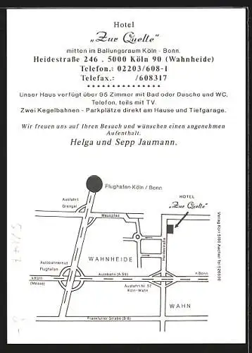 AK Köln-Wahnheide, Hotel zur Quelle Jaumann, Heidestrasse 246, rückseitig Lageplan