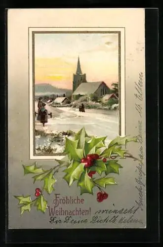 Präge-AK Fröhliche Weihnachten, Stachelpalmen und Kirche im Schnee