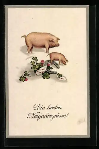 AK Schweine neben Hufeisen, Kleeblättern und Briefen zum neuen Jahr