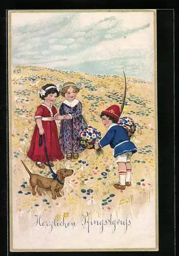 AK Kinder mit Dackel zu Pfingsten auf der Blumenwiese