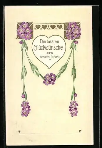 AK Glückwünsche zum neuen Jahr, Blumengirlanden hängen unter dem Herz