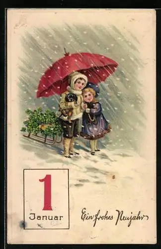 AK Geschwisterpaar mit Schirm und Schlitten bringt Kleeblätter zu Neujahr