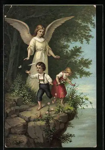 AK Heiliger Schutzengel beschützt Junge und Mädchen vor einer Klippe